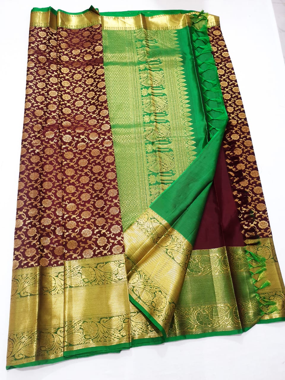 Bridal Kanchipuram Pure Silk Saree Brown Green Kanjivaram Sari| SPK154