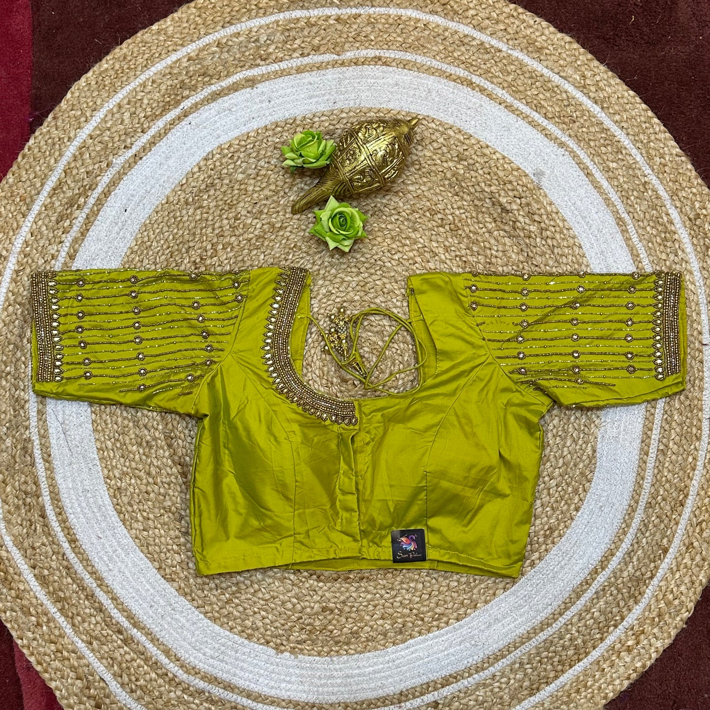 38” M Size 8 Aari Worked Sari Blouse Indian Saree Top Mehndi Green B292