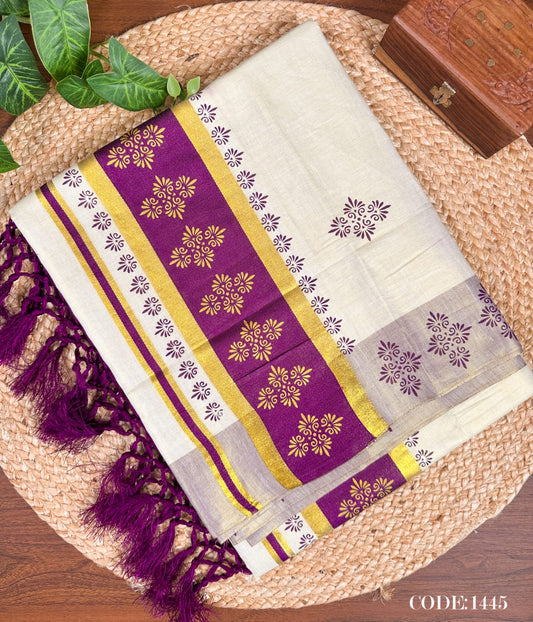 Maroon Kerala Vishu Sari Indian Cream Tissue Saree C9 - Col 7