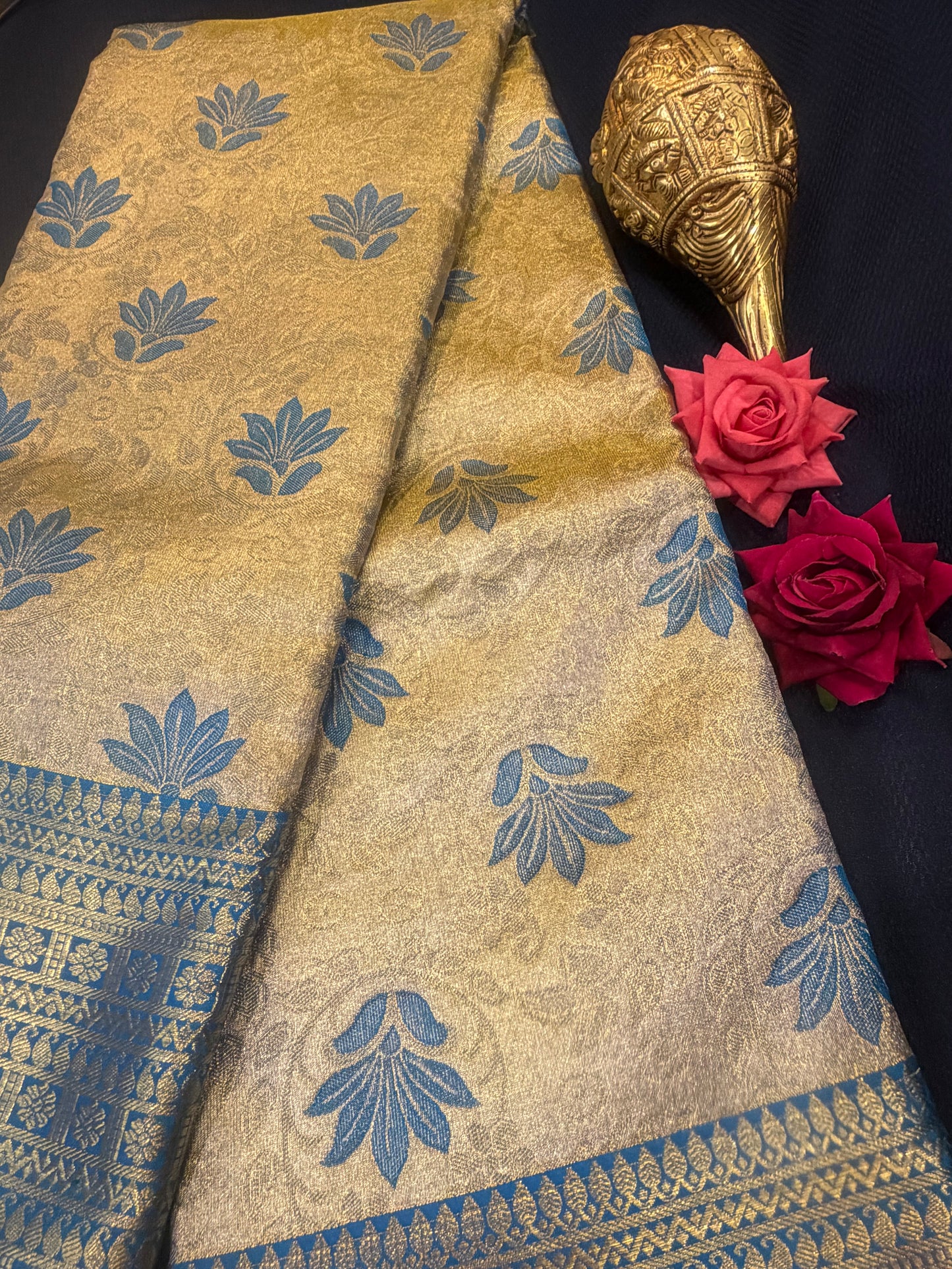 Kanchipuram Tissue Bridal Pure Silk Saree with Gold Zari Blue & Gold Sari| SPK095