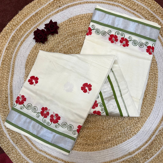 Red Kerala Vishu Sari Indian hand Printed Kasavu Onam Saree C19