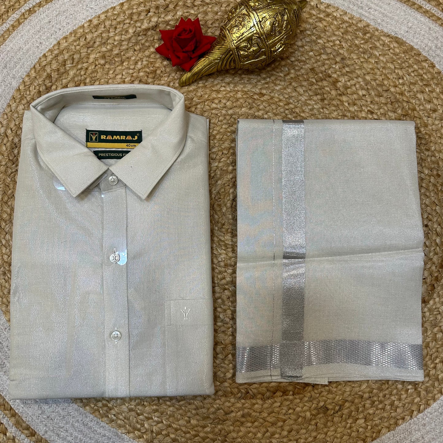 40” Large Men’s South Indian Vesti Shirt Combo Silver Dhotti V1