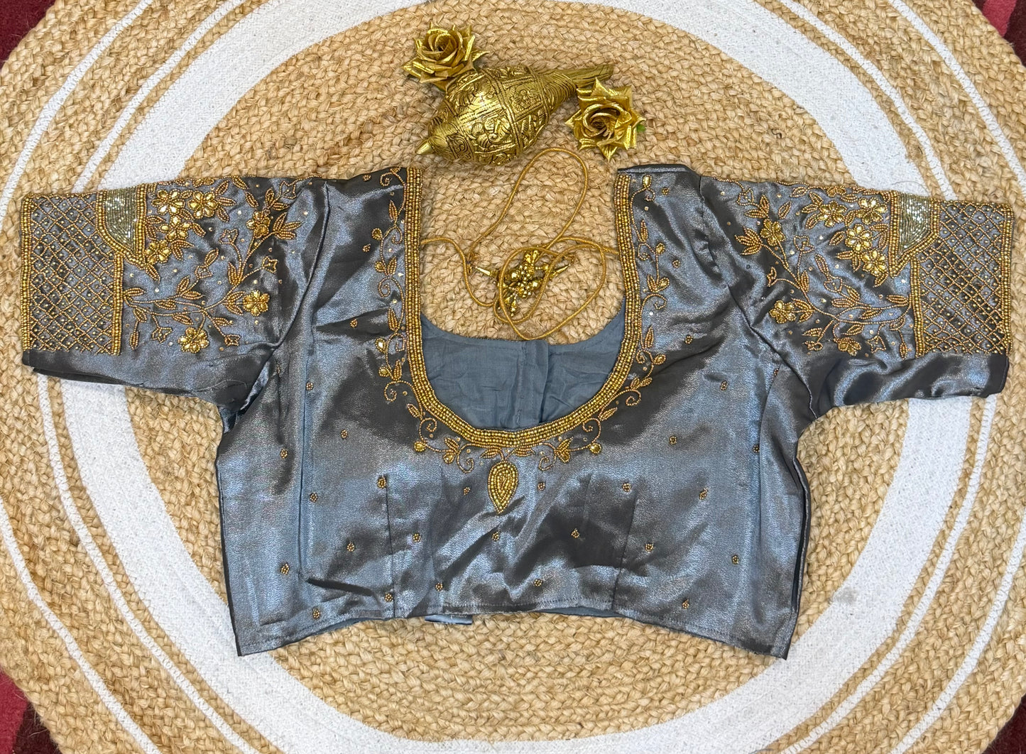 42” XL Size 12 size Aari Worked Sari Blouse Indian Saree Top Metallic Grey B152