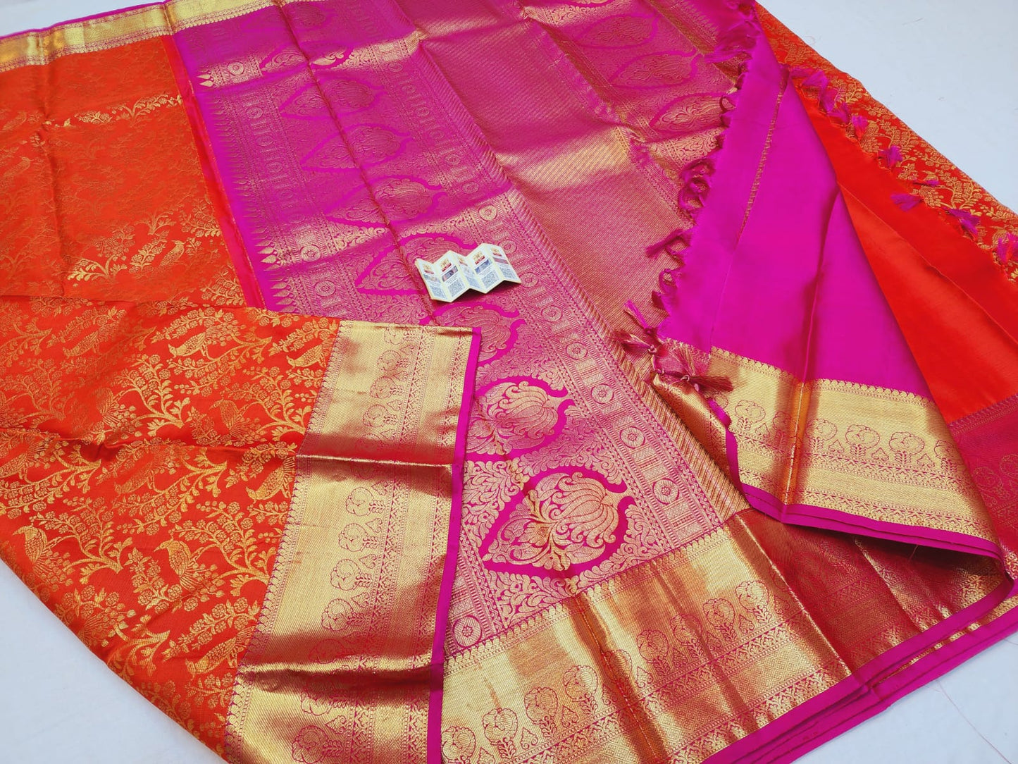 Kanchipuram Korvai Bridal Pure Silk Saree with Gold Zari Orange & Pink Sari| SPK074