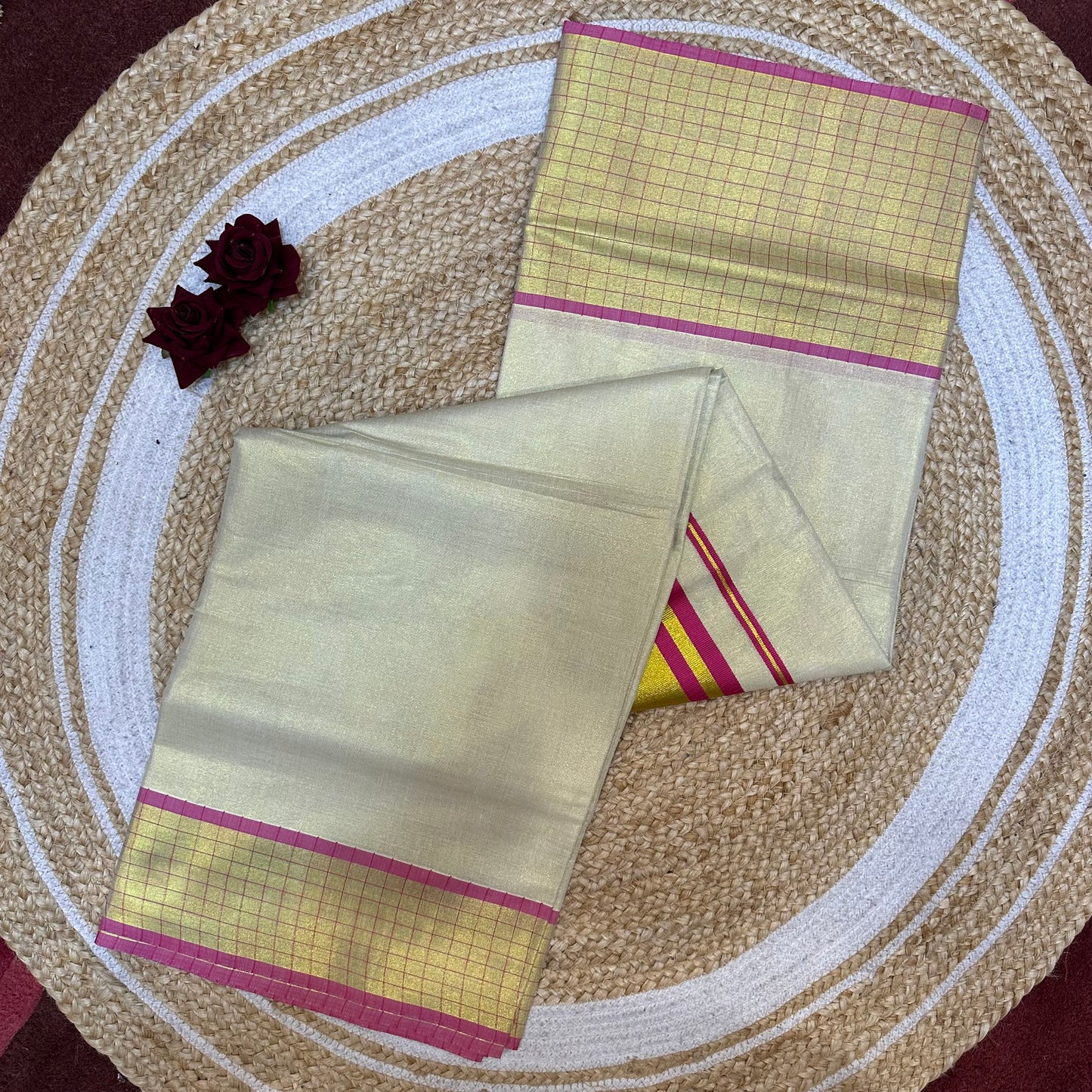 Purple Kerala Vishu Sari Indian Cream Tissue Saree C35 - Col 2