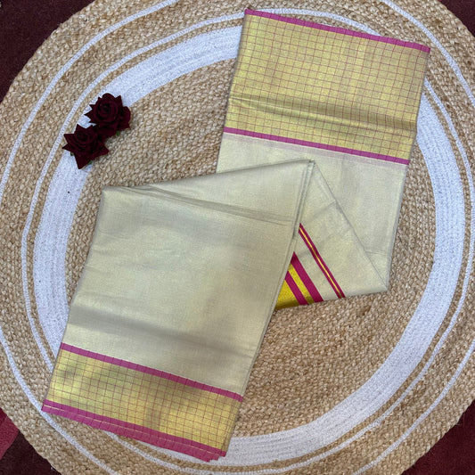 Pink Kerala Vishu Sari Indian Cream Tissue Saree C35 - Col 3