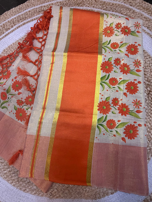 Orange Kerala Vishu Sari Indian Cream Tissue hand Printed Onam Saree C16