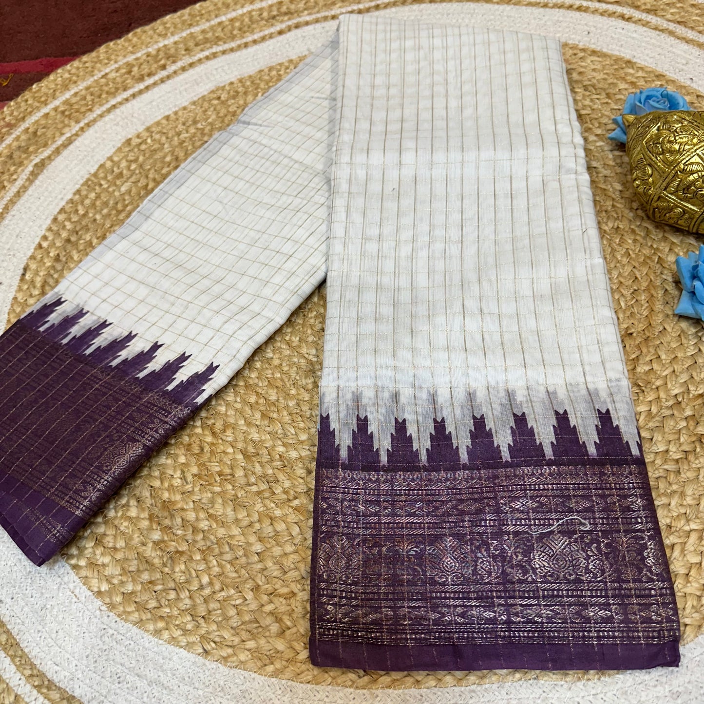 White & Purple Madurai Sungudi Cotton Sari Indian handloom Saree C2