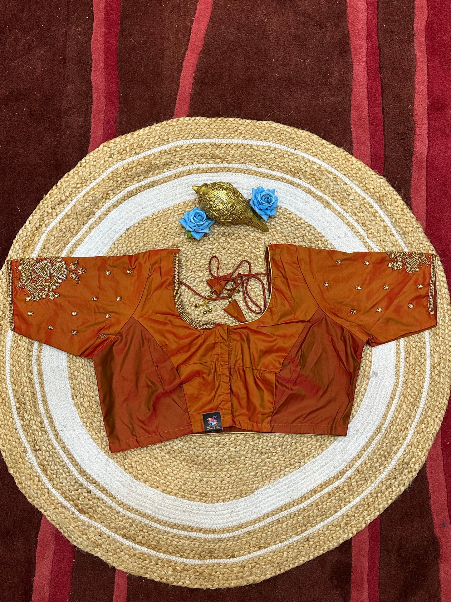 46” Size 16 Aari Worked Sari Blouse Indian Saree Top Silk Metallic Orange B194