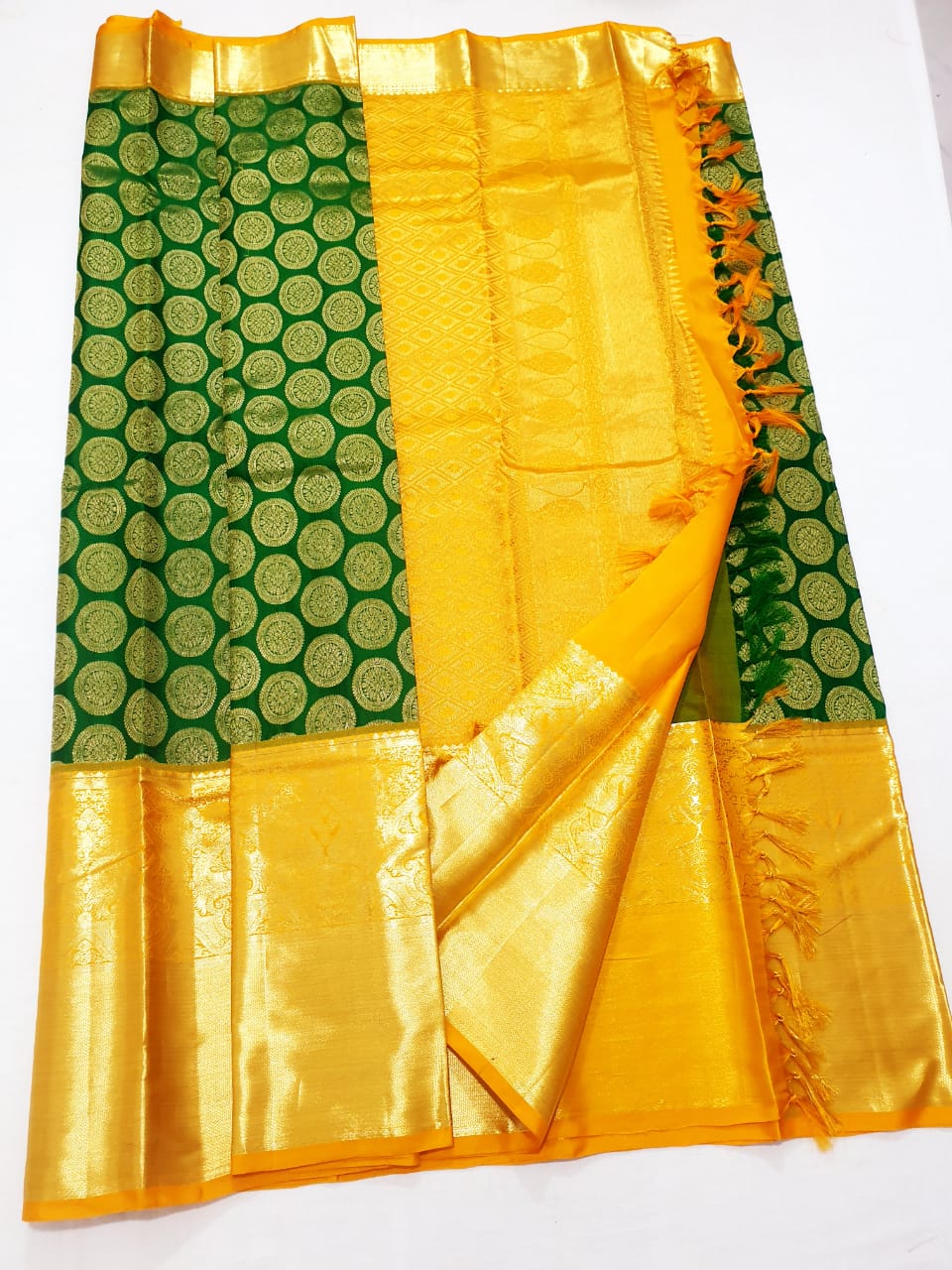 Bridal Kanchipuram Pure Silk Saree Green & Yellow Kanjivaram Sari| SPK145