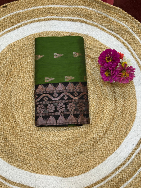 Kalyani checkered Silk Cotton Sari Indian Saree Green & Black S7