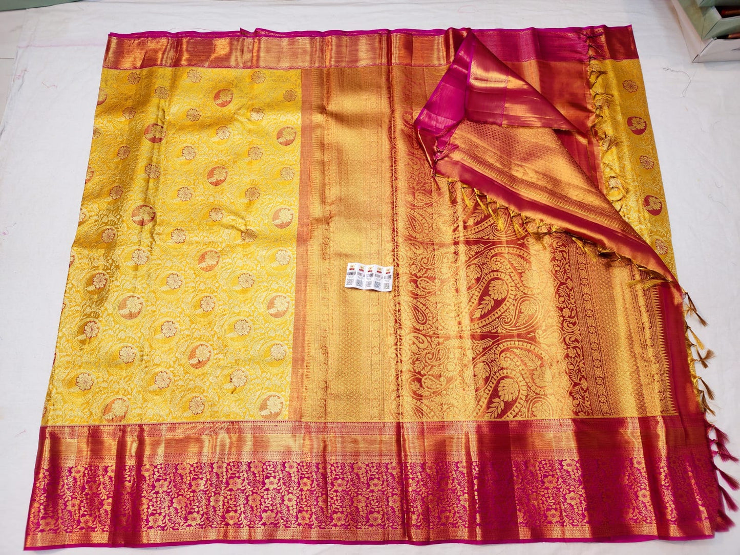 Kanchipuram Pure Silk Saree Bridal Yellow Kanjivaram Sari SPK243