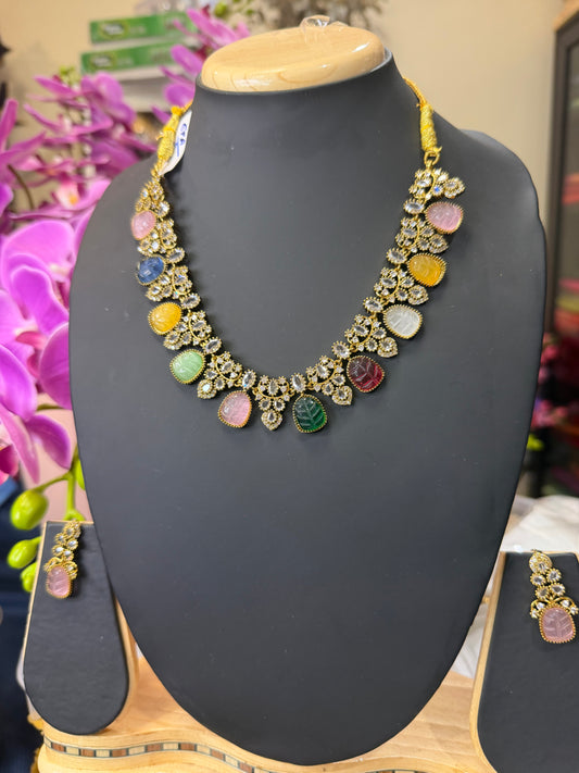 Indian Brass Necklace & Earrings Jewellery Set Multi N62