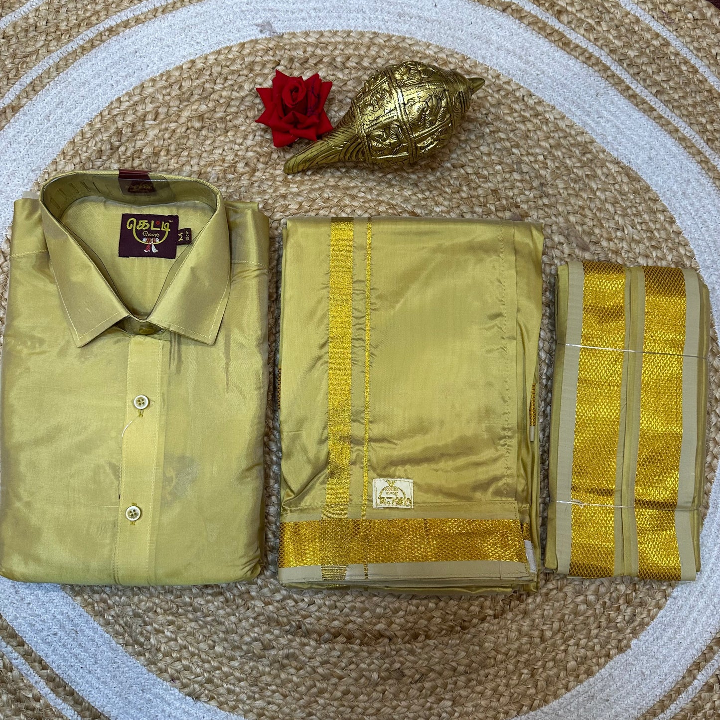 38” Med Men’s South Indian Vesti Shirt Combo Gold Silk Dhotti V13