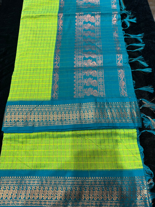 Kalyani Silk Cotton Sari Indian Saree Lime Green & Teal S53