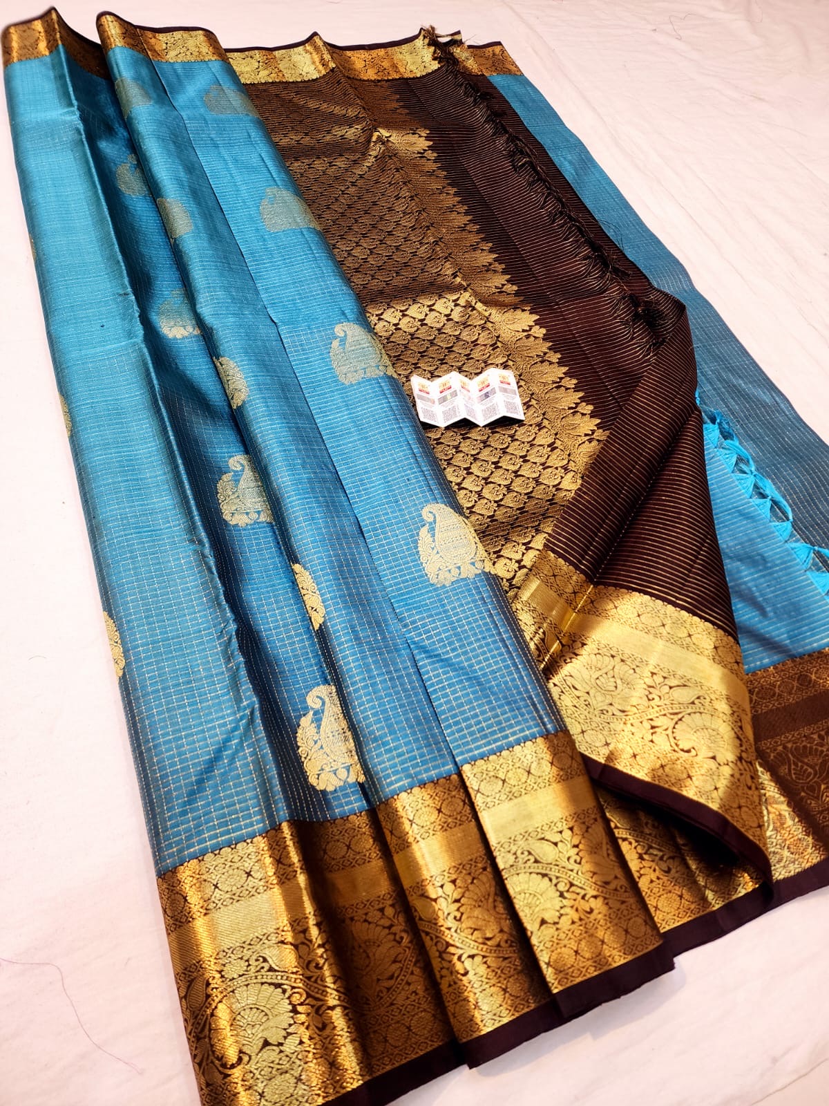 Kanchipuram Pure Silk Saree Bridal Blue Checkered Kanjivaram Sari SPK256