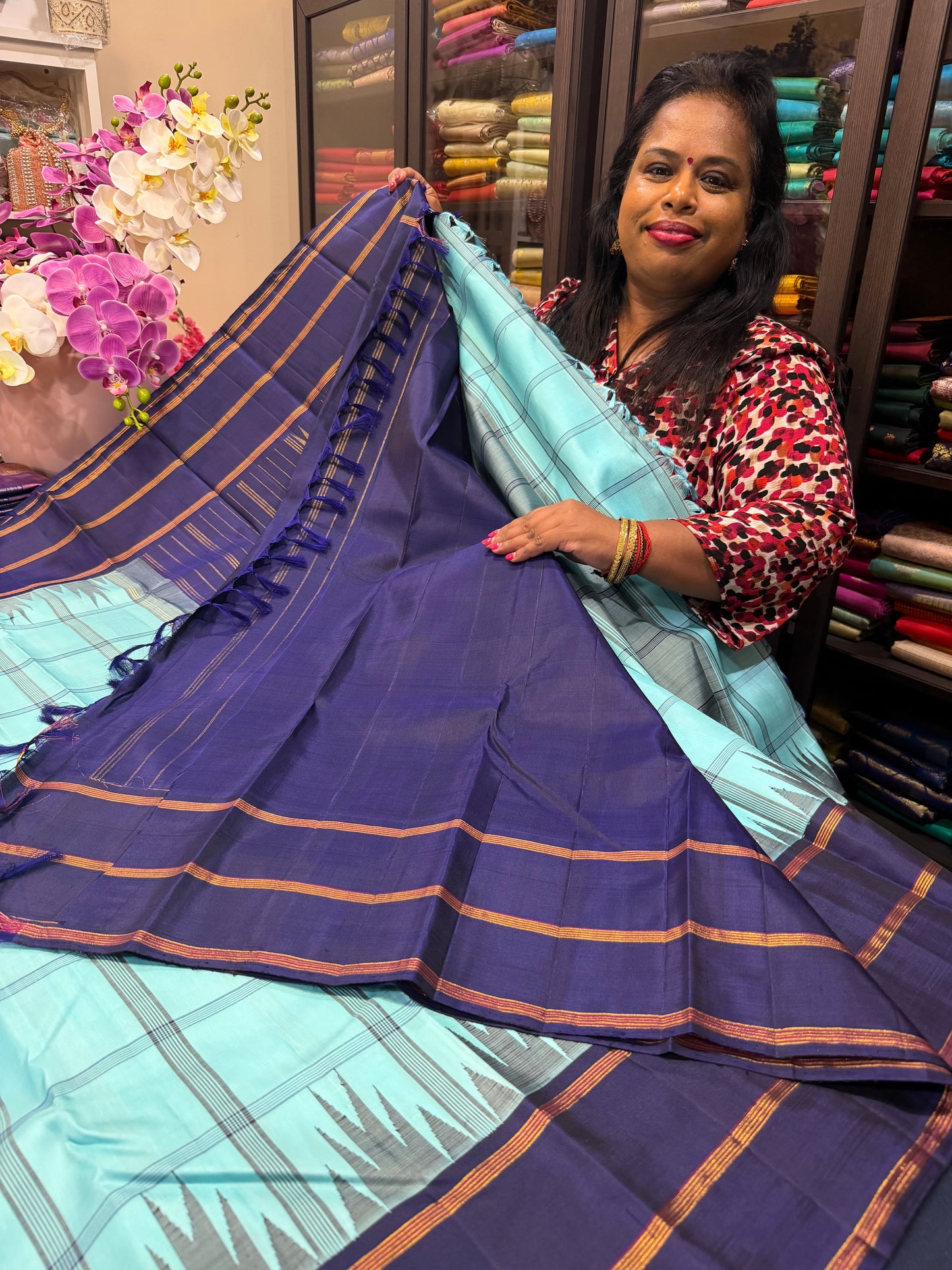 2g Gold Kanchipuram Pure Silk Saree Blue Vintage Kanjivaram Sari SPK212