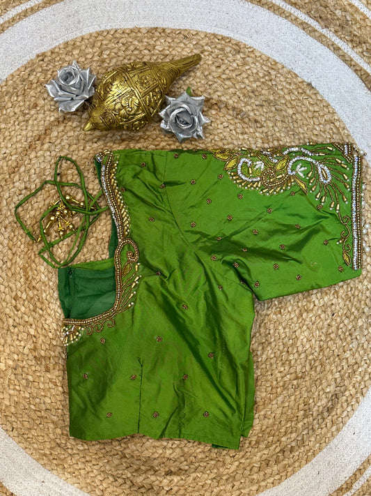 44” Size 14 Aari Worked Sari Blouse Indian Saree Top Silk Green B138