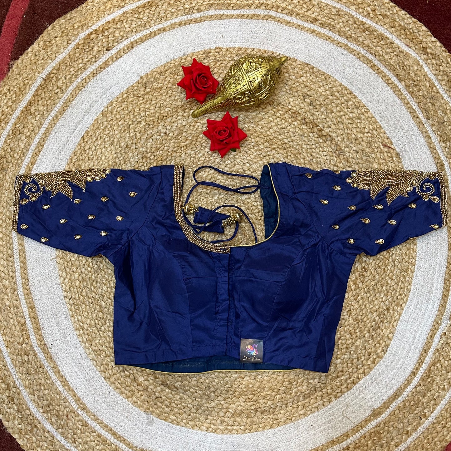 32” XS Size 6 Aari Worked Sari Blouse Indian Saree Top Navy B318