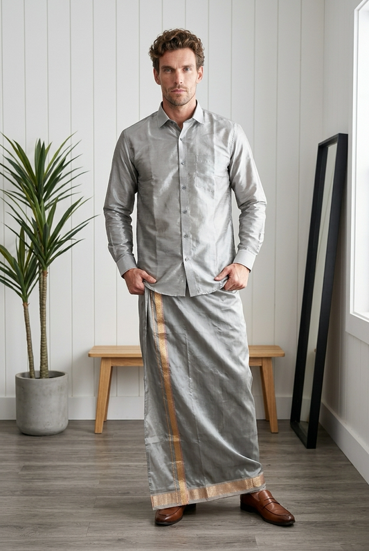 Silver Grey Men’s South Indian Vesti Shirt Combo Silk vetti Dhotti V16