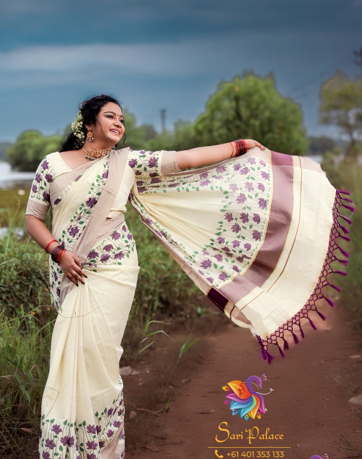 Purple Lotus Kerala Vishu Sari Indian Onam Tissue hand Painted Saree C10