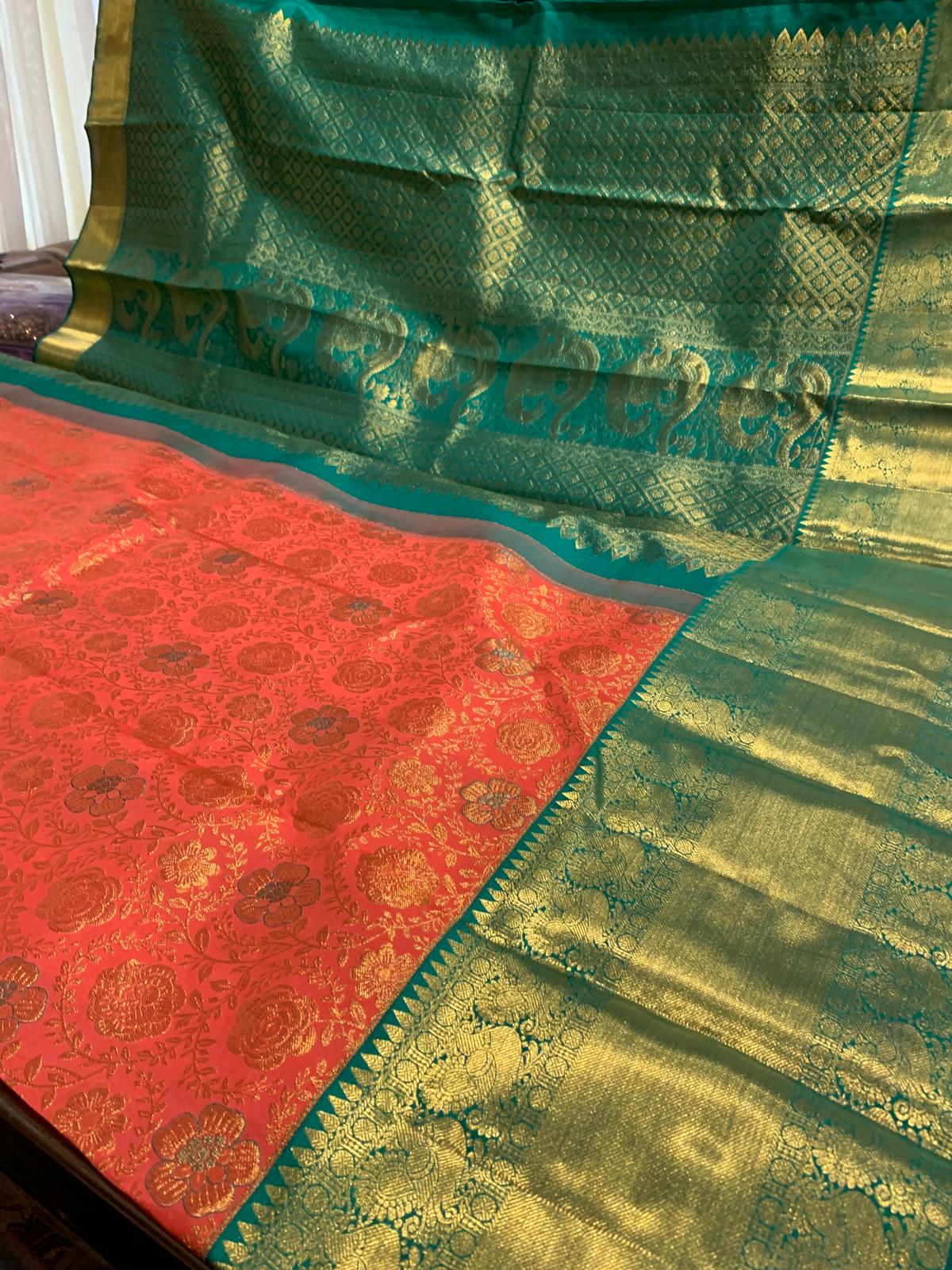 Bridal Peachy Orange Saree with Green & Gold Zari | SPK009