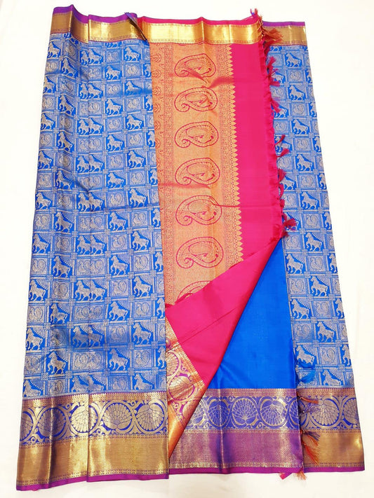 Blue with Magenta Border Gold Jari Sari & Hot Pink Blouse | SPK014