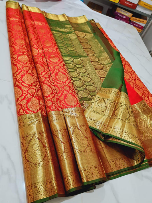 Red with Green & Gold Jari Kanchipuram Saree | SPK012