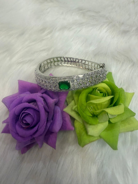 Silver AD Cuff Bangle | Bracelet with Green Colour Stone | BB02