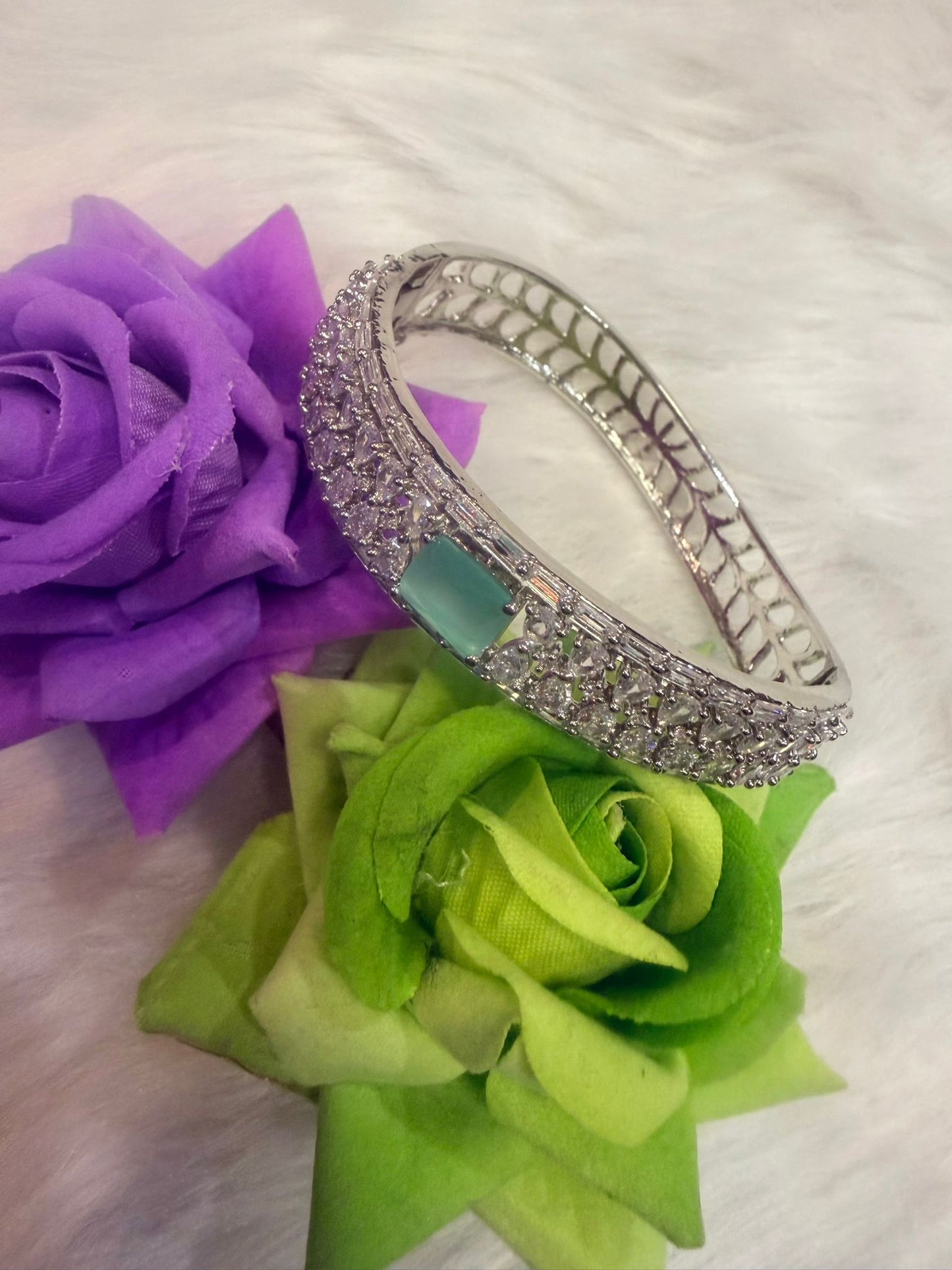 Silver AD Cuff Bangle | Bracelet with Mint Green Colour Stone | BB03