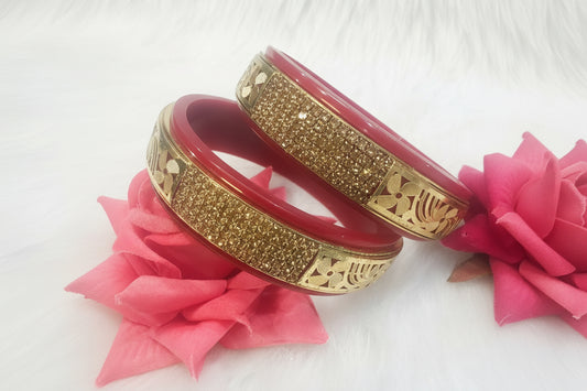 Maroon Colour Plastic Bangles with Gold Work | B004