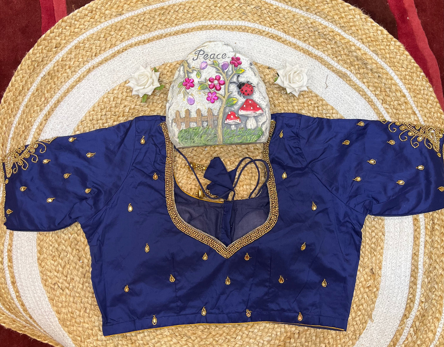 40” Aari hand Worked Sari Blouse Indian Top Choli Silk Blue B29