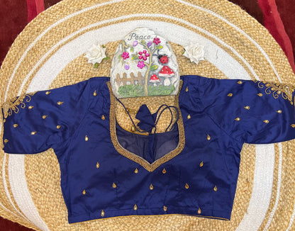 40” Aari hand Worked Sari Blouse Indian Top Choli Silk Blue B29