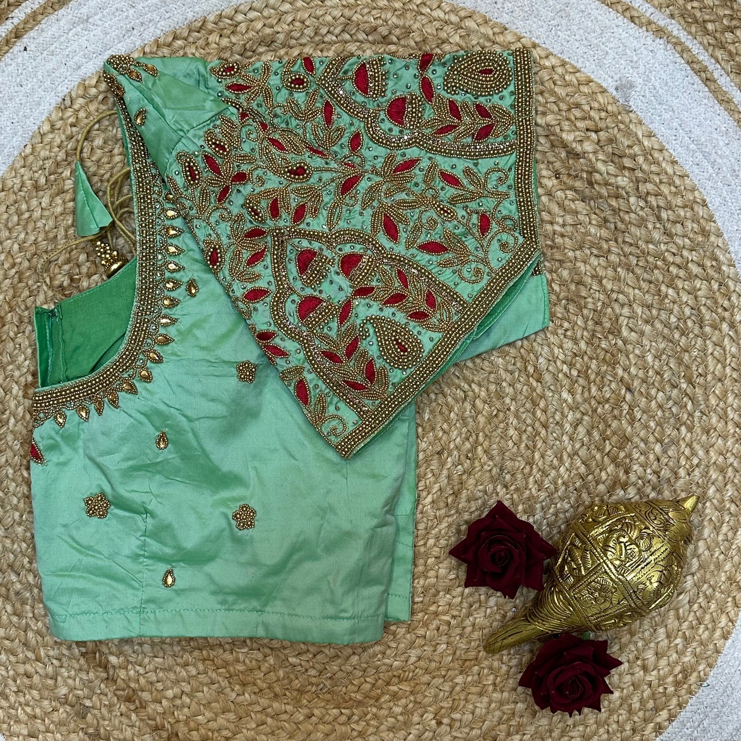 44” Size 14 Aari Worked Sari Blouse Indian Saree Top Silk Teal B249