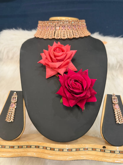 AD American Diamond Indian Rose Gold Necklace set Baby Pink N7