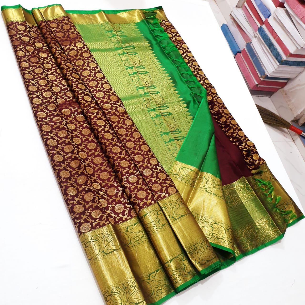 Bridal Kanchipuram Pure Silk Saree Brown Green Kanjivaram Sari| SPK154