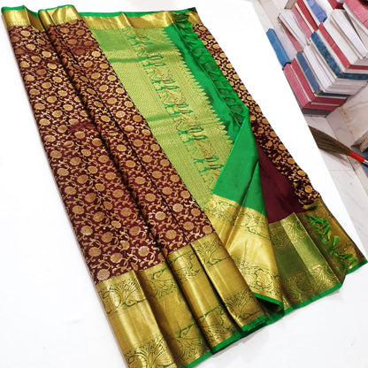 Bridal Kanchipuram Pure Silk Saree Brown Green Kanjivaram Sari| SPK154