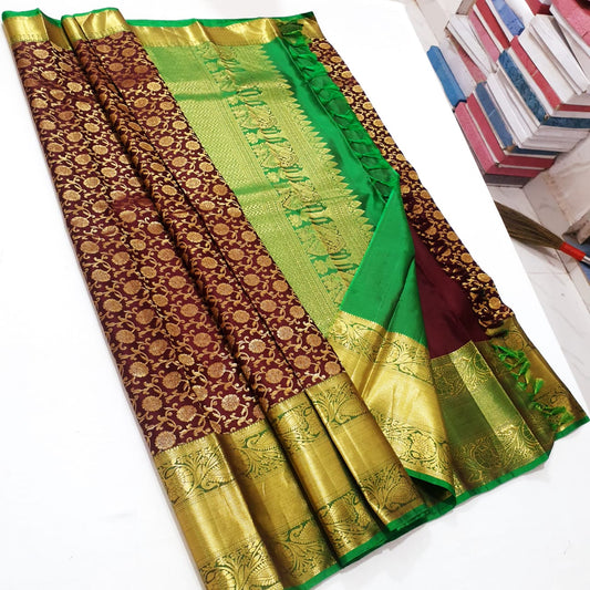Bridal Kanchipuram Pure Silk Saree Brown Green Kanjivaram Sari| SPK154