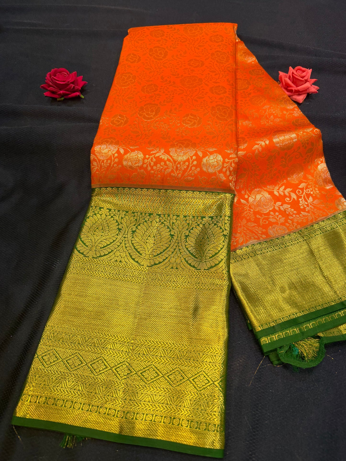 Kanchipuram Pure Silk Saree with Gold Zari Orange & Green Sari| SPK103
