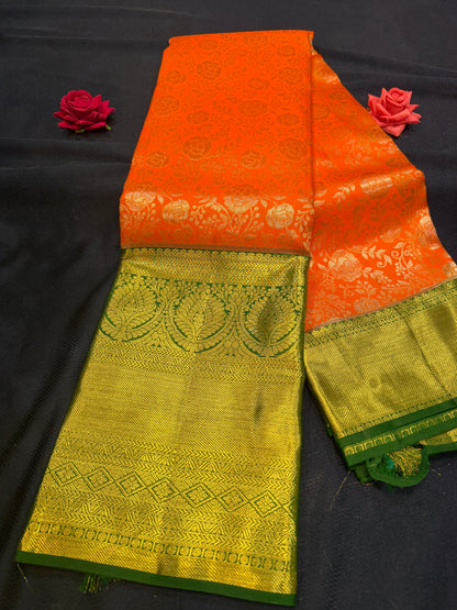 Kanchipuram Pure Silk Saree with Gold Zari Orange & Green Sari| SPK103