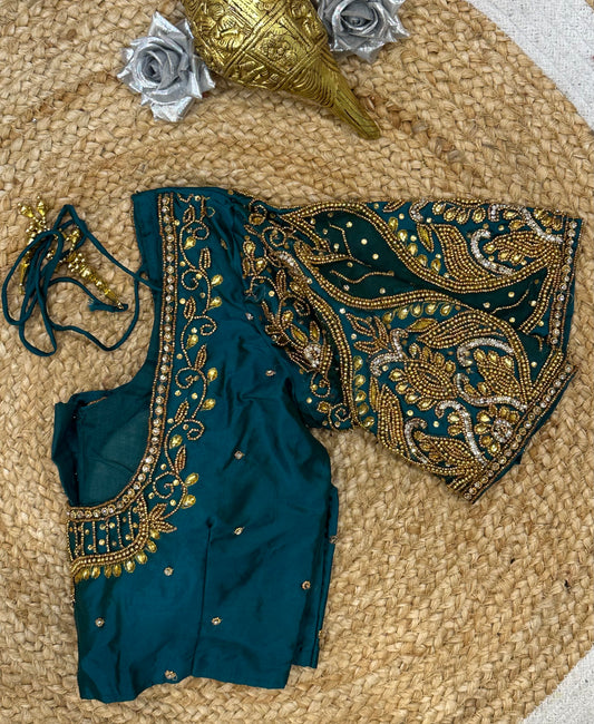 34” XS Aari Worked Sari Blouse Indian Saree Top Silk Turquoise B121