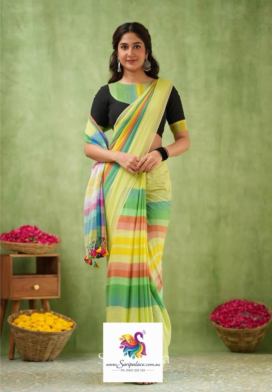 MUL Cotton Green Rainbow Sari Indian casual Saree C25
