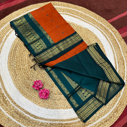 Orange & Teal Green Kalyani Silk Cotton Sari South Indian Saree S140