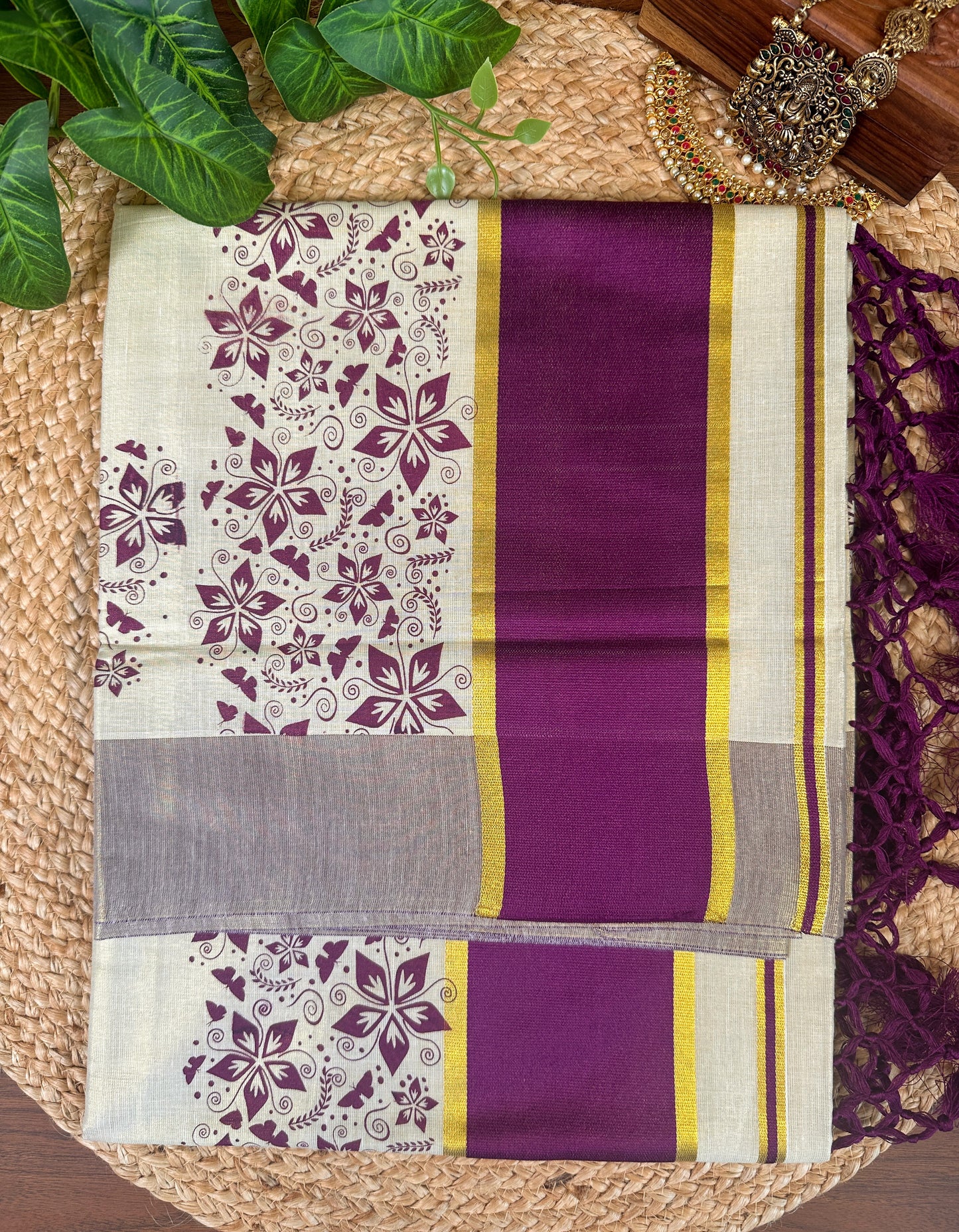 Plum Wine Kerala Vishu Sari Indian Premium Cream Saree C7