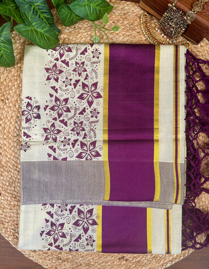 Plum Wine Kerala Vishu Sari Indian Premium Cream Saree C7