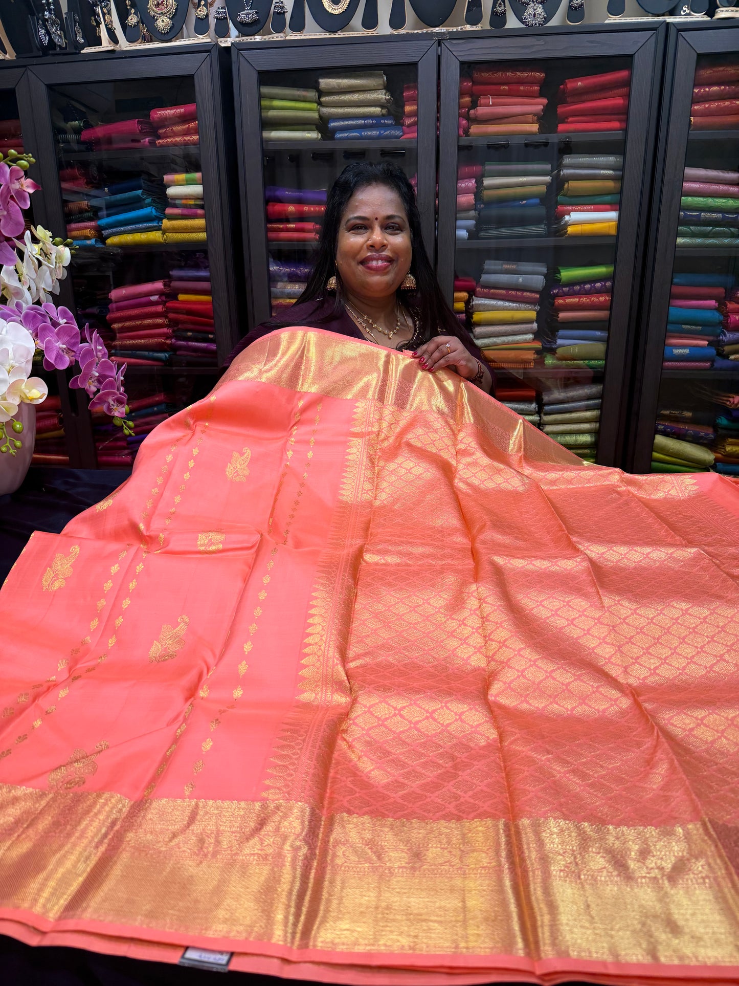 Kanchipuram Pure Silk handloom Saree Indian Kanjivaram Peach Sari SPK364