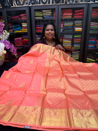 Kanchipuram Pure Silk handloom Saree Indian Kanjivaram Peach Sari SPK364