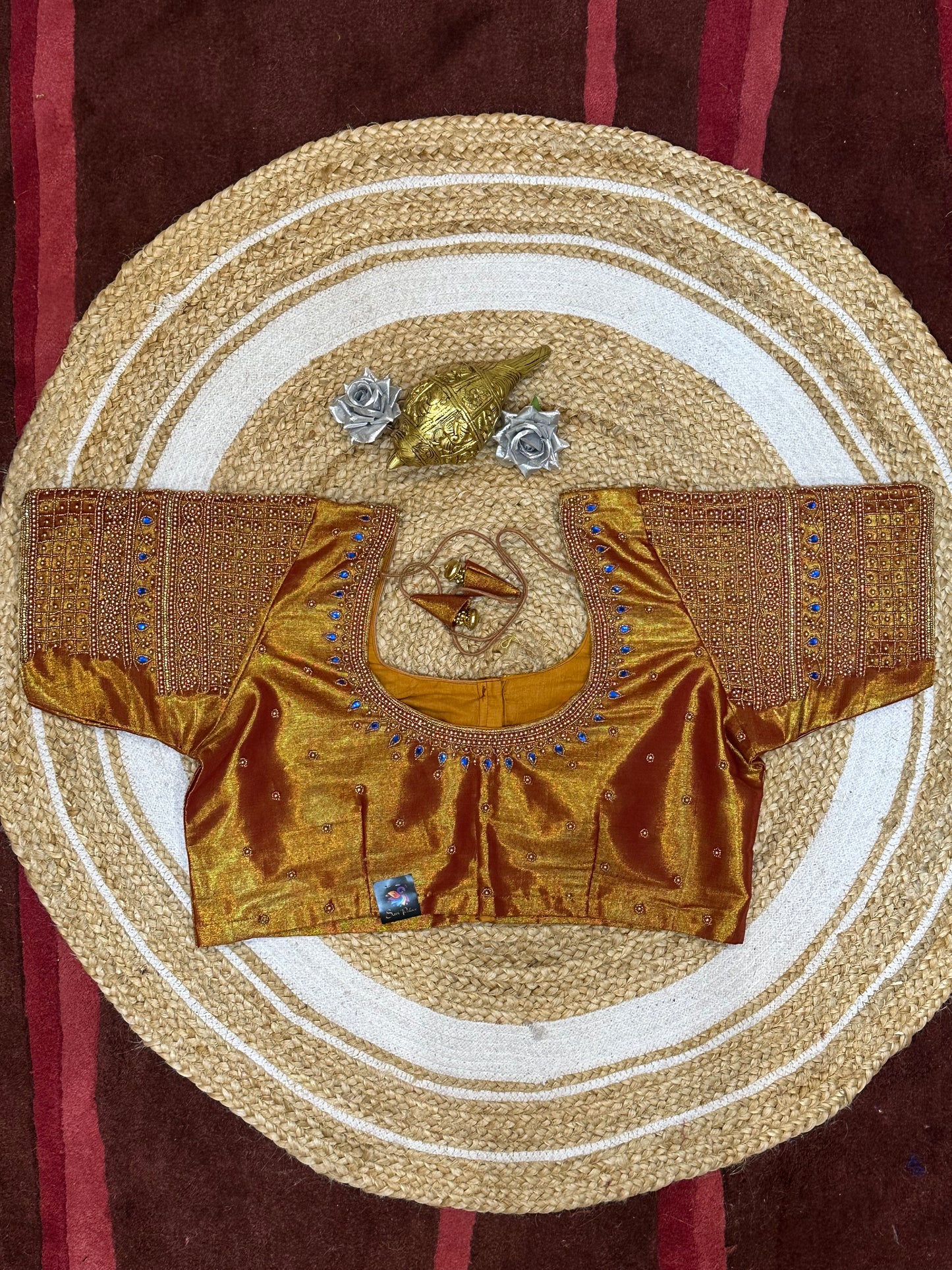 44” Size 14 Aari Worked Sari Blouse Indian Saree Top Tissue Silk B134