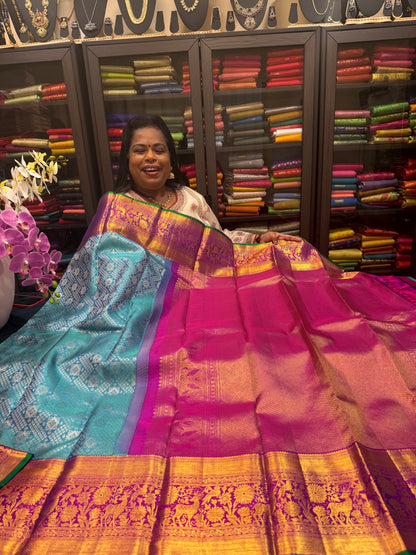 Korvai Kanchipuram Pure Silk Saree Bridal Handloom Indian Kanjivaram Sari Blue SPK355