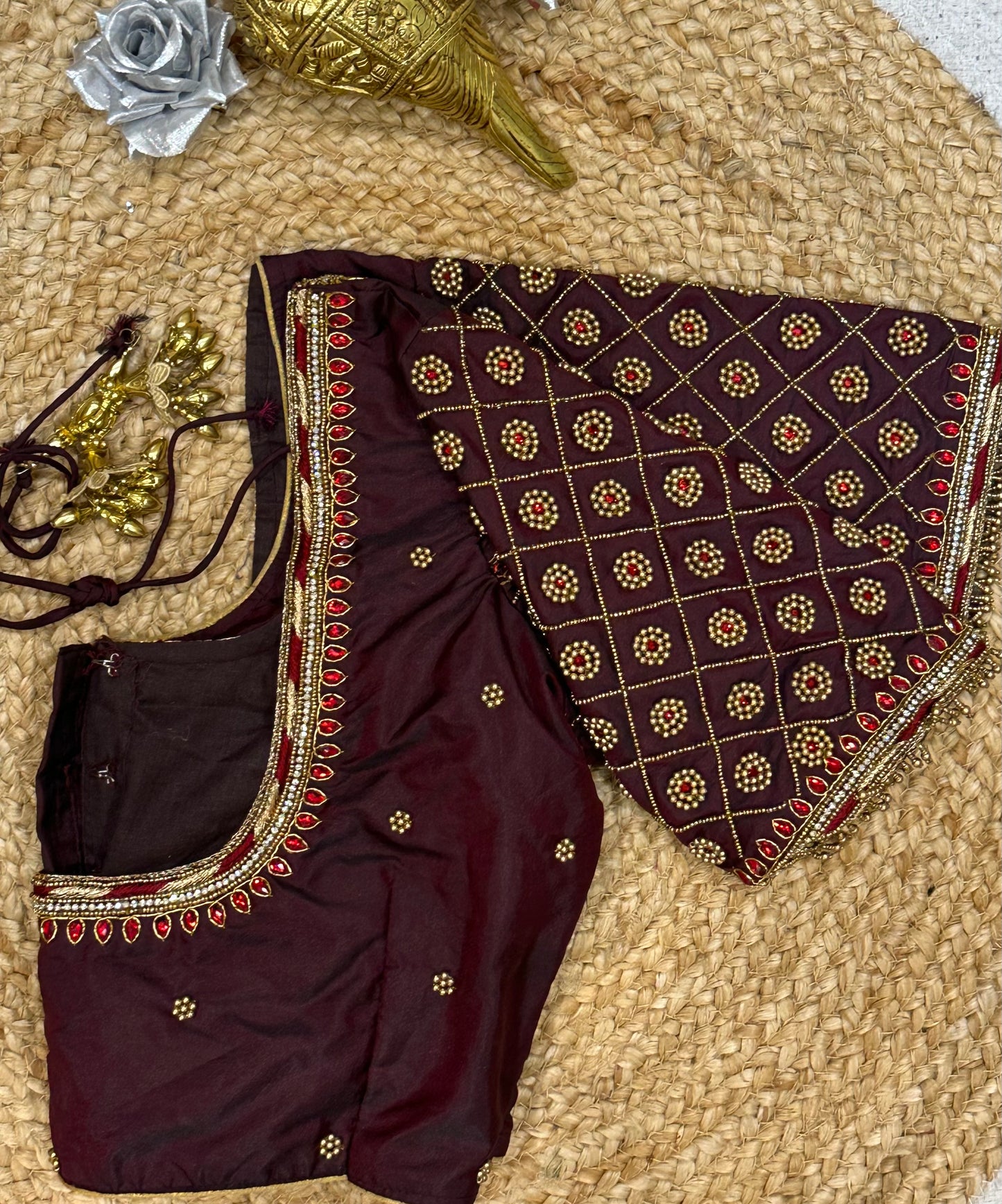 34” XSmall size Aari Worked Sari Blouse Indian Saree Top MAROON B142